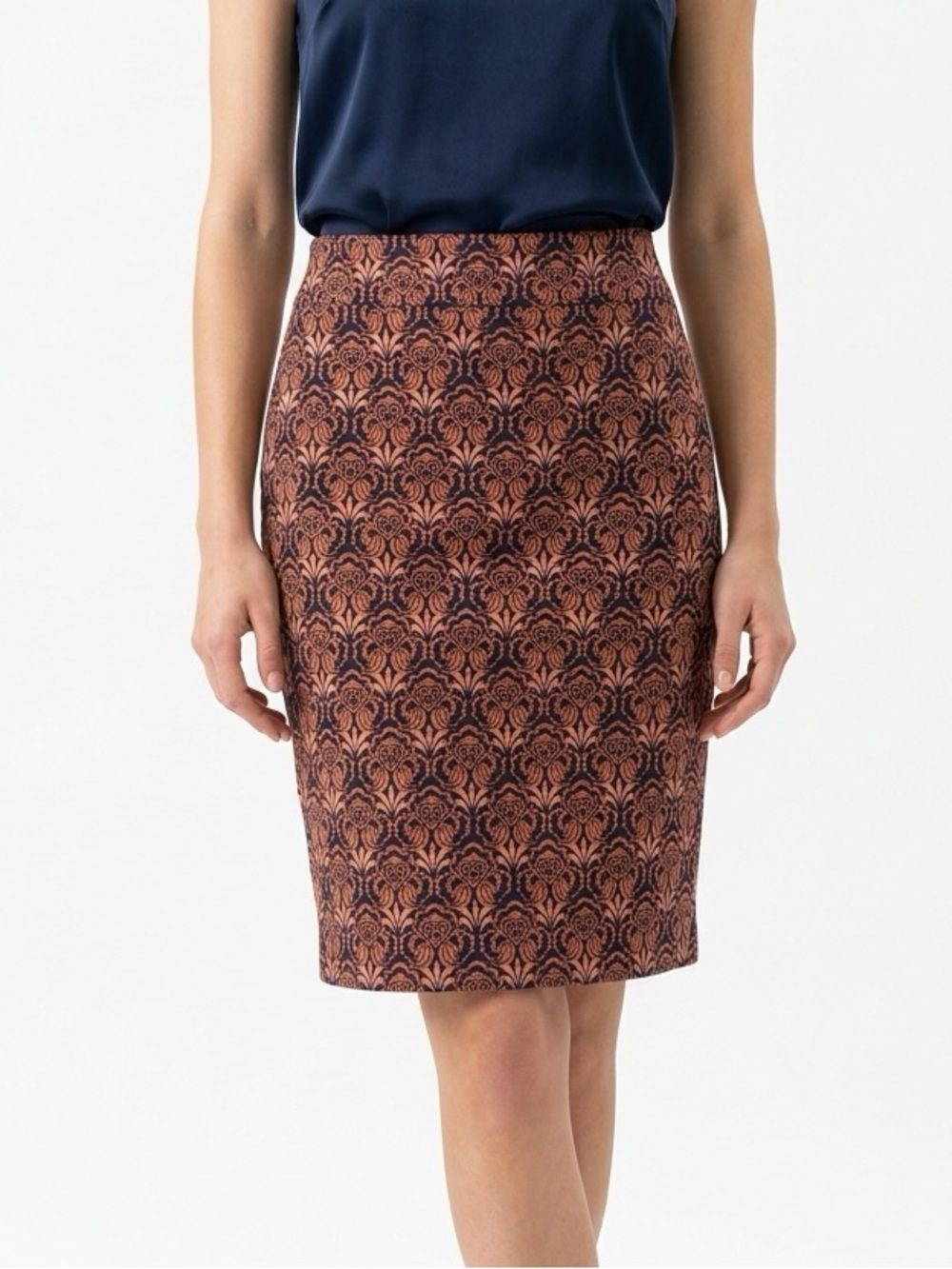 LOFT Rust and Black Damask-Print Pencil Skirt